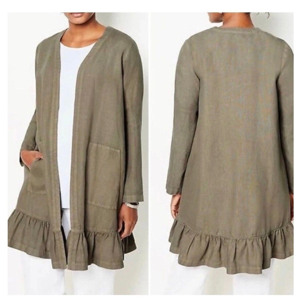 Pure Jill J. Jill 100% Linen Ruffle Hem Cardigan Jacket Olive Green Women's Sz L